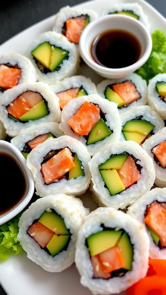 Convenient 7-Eleven Sushi Roll Recipe A plate of colorful homemade sushi rolls with avocado, cucumber, and crab, served with soy sauce and garnished with sesame seeds.